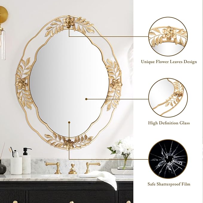 Gold Mirrors for Wall, 22"x29" Oval Metal Frame Decorative Mirror, Chic Floral Ornate Hanging Vanity Mirror for Dresser, Bathroom, Mantel,Entryway
