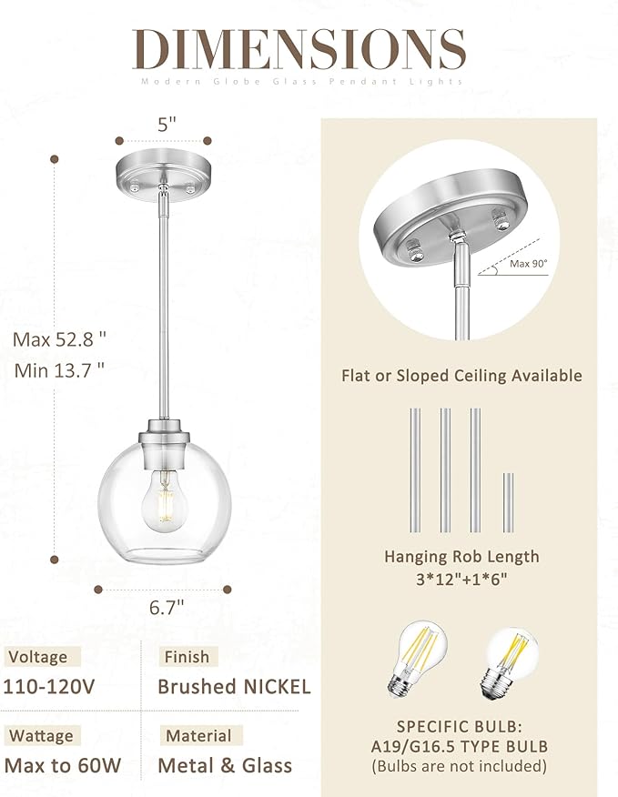 Globe Pendant Light Fixture, Modern Brushed Nickel Hanging Light with Clear Glass for Kitchen Island Dining Room Bedroom Hallway Foyer (1 Pack), PL101BN