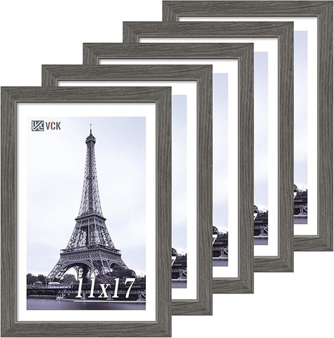 VCK 11x17 Picture Frame 5 Pack, Gray Solid Wood Poster Picture Frame, Exclusive Wood Grain, Wall Mounting Hanging