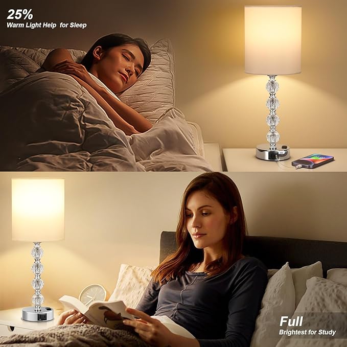 Touch Bedside Crystal Lamps for Bedrooms Nightstand with USB C+A Charging Port and AC Outlet White, 3 Way Dimmable Silver Large End Side Table Lamp for Living/Guest/Dinning Room/Kitchen