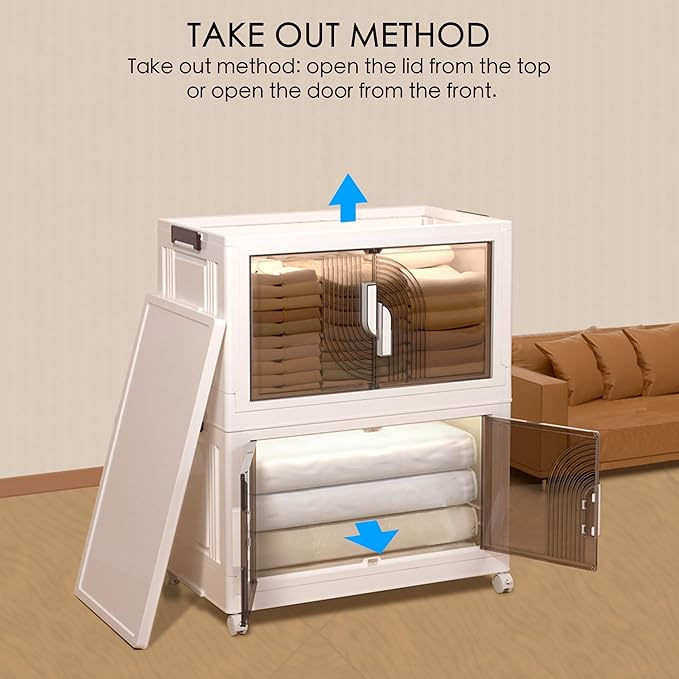 Foldable Storage Bins with Lids Stackable Storage Bins with Doors and Wheels Magnetic Dual-Opening Doors Storage Containers for Bedroom, Living Room, Closet, Laundry (White-4Pack)