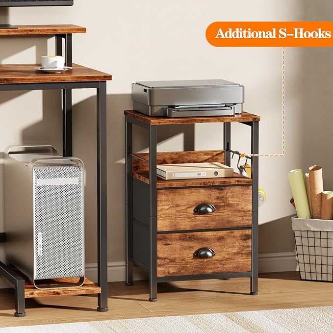 Furologee Nightstand with 2 Fabric Drawers, Bedside Table End Tbale with 2-Tier Shelf, Side Table with Hooks and Wood Top for Bedroom/Living Room/Hallway/Rustic Brown