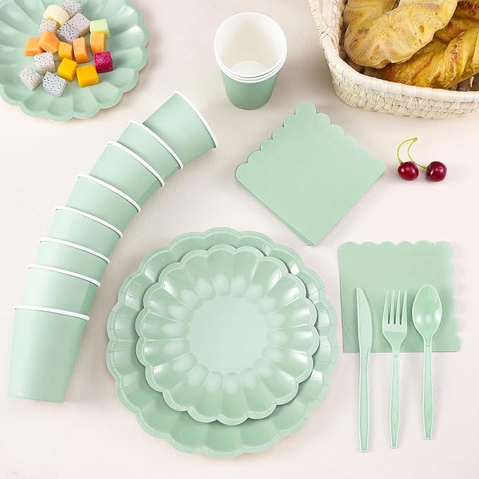 Newtay 350 Pcs Light Green Scalloped Paper Plates Shell Edge Disposable Tableware Cocktail Napkins Cups Plastic Spoons Forks Knives for Wedding Baby Shower Picnic Birthday Party Supply for 50 Guests
