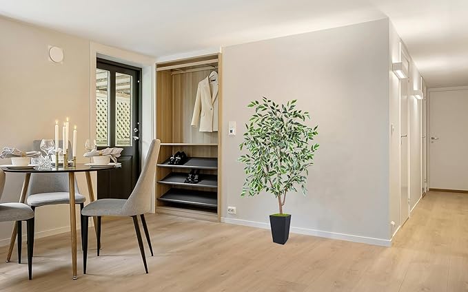 Artificial Ficus Plant 5ft, Fake Tree with Black Tall Planter, Faux Ficus Leaves Trees in Pot, Artificial Floor Plants for Home Living Room Office Bedroom Foyer Porch Decor Indoor
