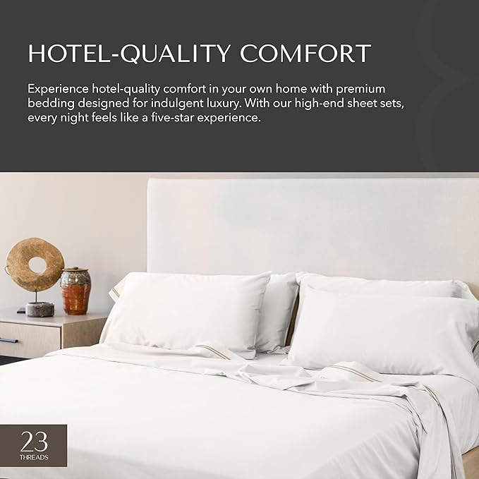 23 THREADS Z101 Series 100% Cotton Bed Sheets and Pillowcases Set, 15 Inch Deep Pocket, Luxury Sustainable Bedding Linen, King, White