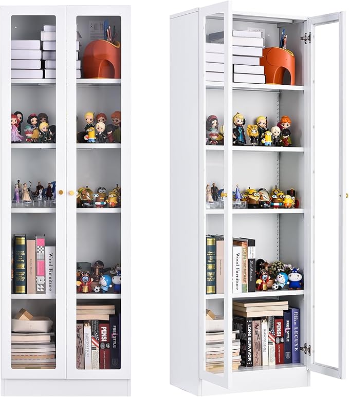 5 Tier Metal Curio Cabinets,Modern Bookcase with Acrylic Door and 4 Adjustable Shelves, 70.87 Inch Tall Storage Cabinet Display Case, Dust Proof Display Cabinet for Home Office, Living Room