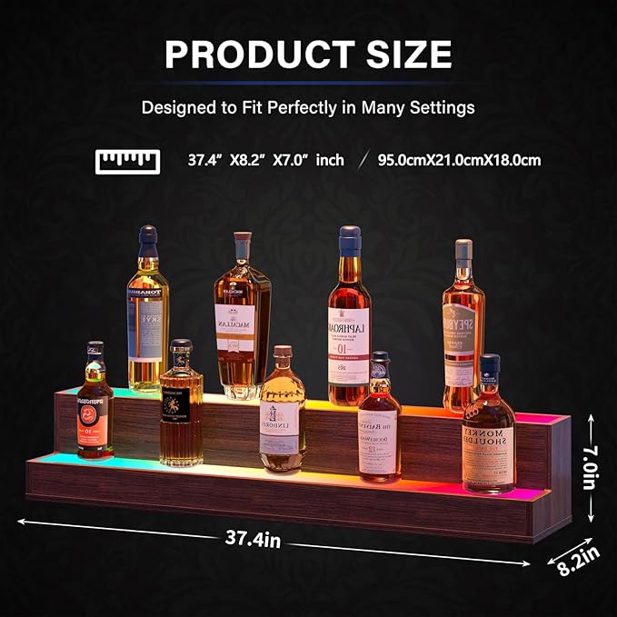 LED 38 Inch Bar Display Shelf, DIY Illuminated Bottle Shelf with App & Remote Control, 2 Step Freestanding Holding Bottles for Home Bar, Party, Walnut
