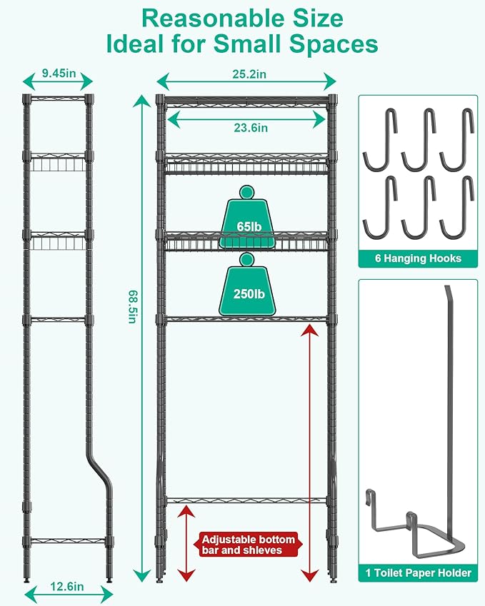 Over The Toilet Storage, 4-Tier Over Toilet Shelf Organizer Metal Storage Rack Freestanding Bathroom Space Saver with Adjustable Shelves and Baskets, Gray