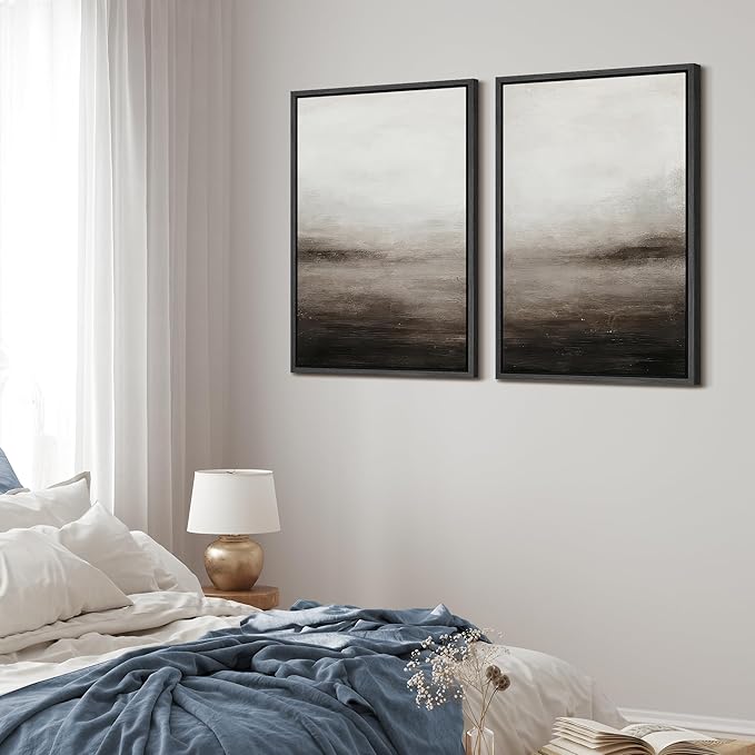 MUDECOR Framed Canvas Print Wall Art Neutral Abstract Modern Minimalist Landscape in Beige and Gray Illustrations Modern Art Decorative Bohemian for Living Room, Bedroom, Office - 16"x24"x2 Black