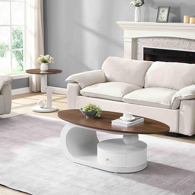 2 Piece Living Room Set, Storage Drawer, Modern Nest Coffee Table Set of 2, Wooden Brown Tabletop Oval Coffee and End Table Set with White Iron Geometric Base