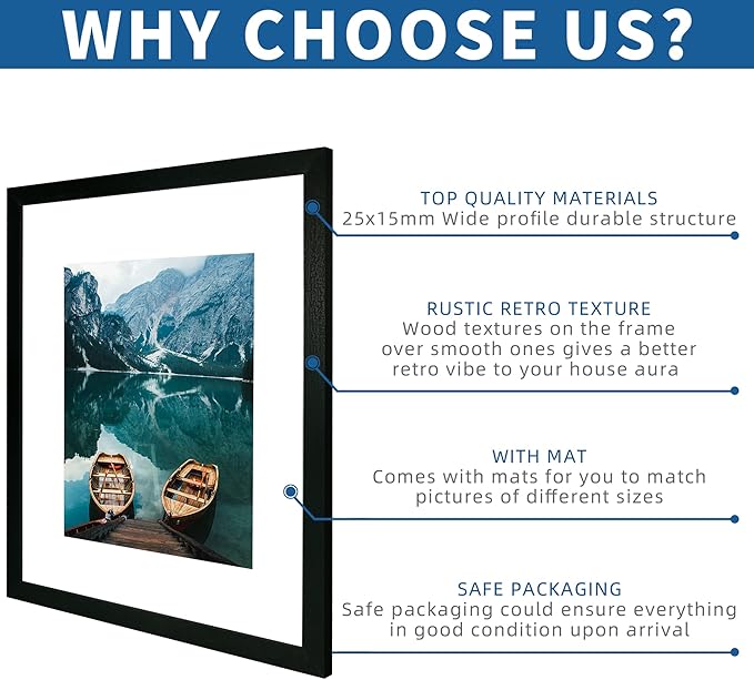 16x20 Frames Set of 2, Rustic Black Wood Style - Display 16 x 20 Picture without Mat or 11x14 Picture with Mat, Wall Mounting Horizontal and Vertical
