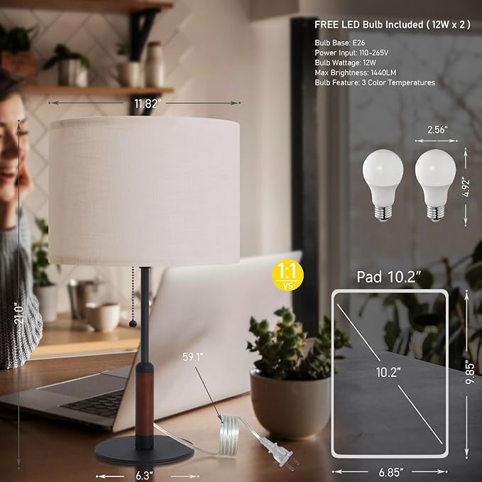 21" Set of 2 Modern Table Lamp Bedside Lamps for Bedroom Living Room Nightstand Lamp for End Tables 3-Color Pull Chain Wood Fabric for Home Office Desk Decor (Off White+Sand Black)