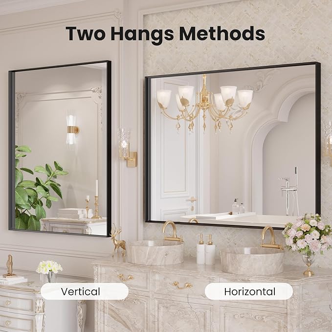 LOAAO Black Bathroom Mirror 40"X32" for Wall, Rectangle Bathroom Vanity Mirror, Tempered Glass, Hangs Vertically or Horizontally, Easy to Install, Modern Design