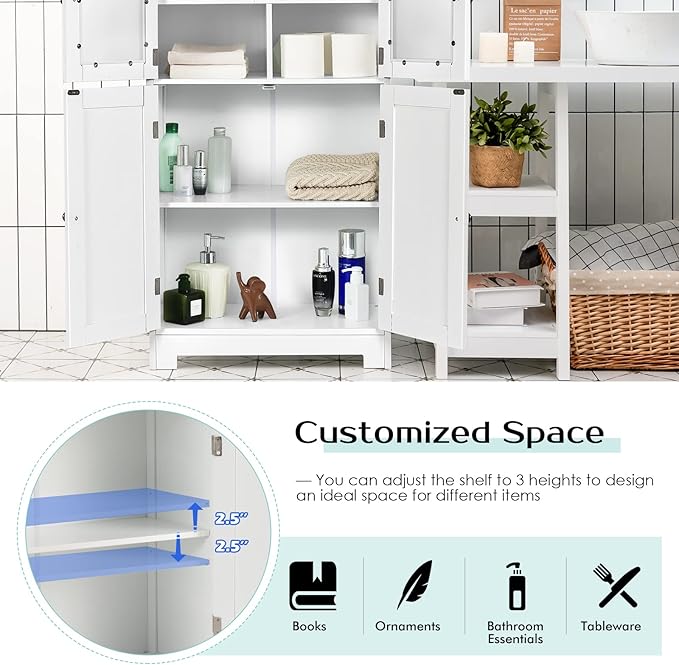 GOFLAME Bathroom Storage Cabinet, Freestanding Storage Cabinet with 4 Doors, Wooden Kitchen Cupboard with Adjustable Shelf, Buffet Sideboard, Multipurpose Home Organizer for Bathroom, Kitchen, White