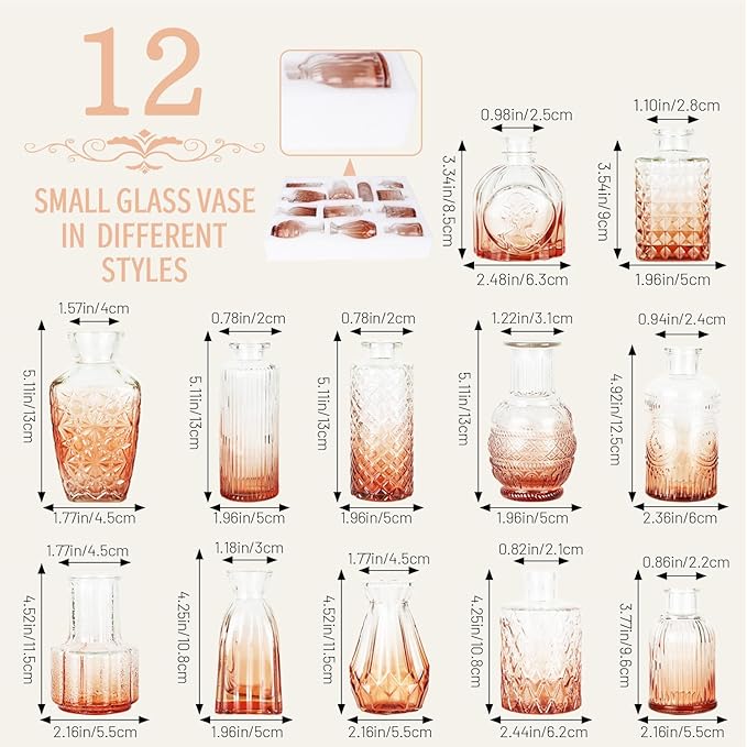 Mini Bud Vases Set of 12 As Wedding Centerpieces for Tables,Clear Bud Vases for Flowers,Small Flower Vases Suitable for Birthday Party,Anniversary,Wedding Reception,Baby Shower (Pink, 12PCS)