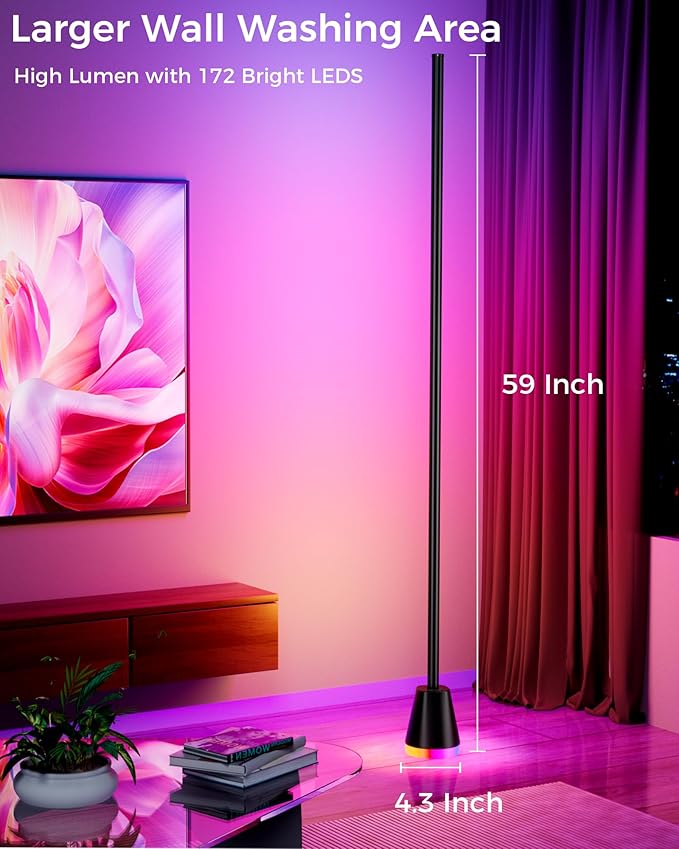 Smart RGB Corner Floor Lamp, 60 Inch 172 LEDs Bright Standing Lamps for Bedroom with APP and Remote, Modern Floor Lamp with Music Sync and 16 Million Colors Changing Ambient Lighting for Living Room
