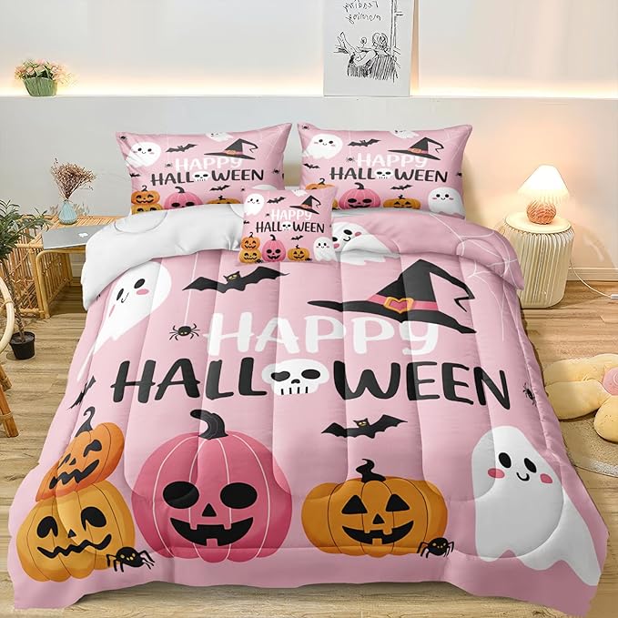 Pumpkin Ghost Comforter Set Girls Pink Halloween Bedding Set Orange Pumpkin White Ghost Bat Spider Cute Cartoon Bedding Kids Teens Happy Halloween Bed Set King Size