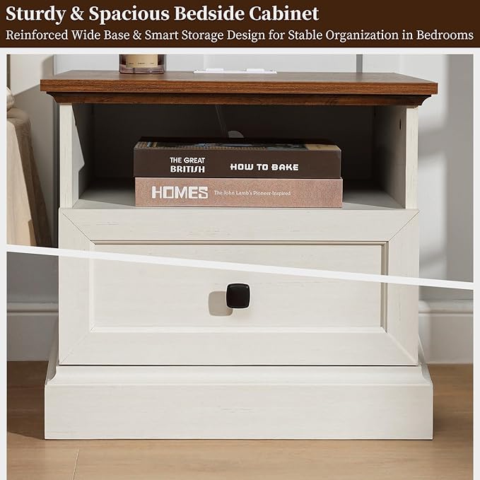 Night Stand Set 2 with Charging Station, Bedside Table with 2 Drawers Storage and Open Shelf, Wood Farmhouse Nightstands with Outlets for Bedroom Office, White