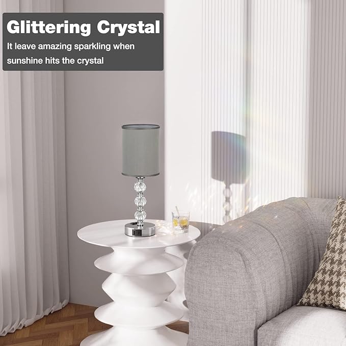 Grey Touch Bedside Lamps for Bedrooms - Crystal Table Lamp with USB C+A Charging Port and AC Outlet Nightstand, 3 Way Dimmable Silver Small End Side Table Lamp for Living/Guest/Dinning Room/Kitchen
