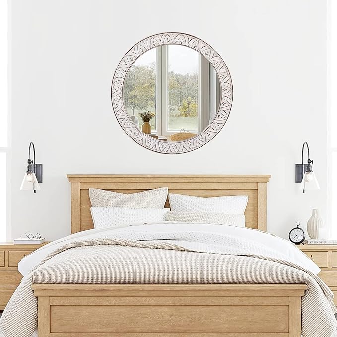 24" Round Mirror Farmhouse Wooden Frame Circle Mirrors, Rustic Decorative Distressed Wall Mounted Mirror for Bathroom, Bedroom, Living Room, Entryway, Fireplace, Hall