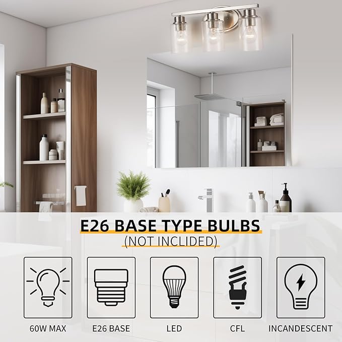 Bathroom Vanity Light Fixtures Over Mirror, Seeded Glass Bathroom Vanity Light, 3 Light Brushed Nickel Bathroom Light Fixtures with Clear Glass, Modern Rustproof Vanity Light Wall Mount