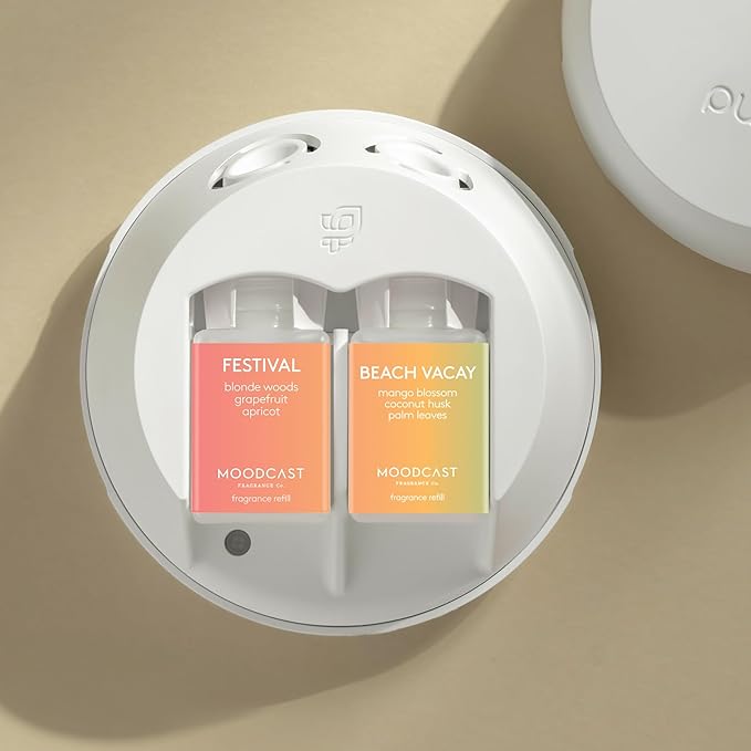Pura Smart Home Fragrance Device Starter Set - Pura 4 - Scent Diffuser for Home - Includes Fragrance Aroma Diffuser - Square Box, Festival and Beach Vacay Scent Refills