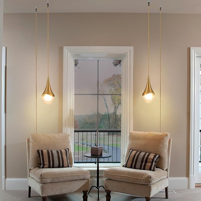 MWZ Gold Plug in Pendant Light,Hanging Lights with Plug in Cord On/Off Switch, Mini Brass Pendant Lights for Kitchen Island,Modern Raindrop Lamps Fixture with Globe Glass Shade for Bedroom