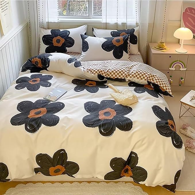 Luxlovery Black Floral Comforter Set King Women Sunflower Black and White Bedding Comforter Set Chic Bohemian Cute Flower Cute Blanket Quilts Girls Boho Bedding Set for King Bed