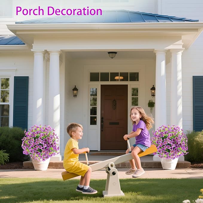 Faux Flowers for Outdoor Planters, 2Pcs Purple Lifelike Topiary Ball Tree with Ground Spike, Daisy Eucalyptus Artificial Flowers for Front Porch Decor