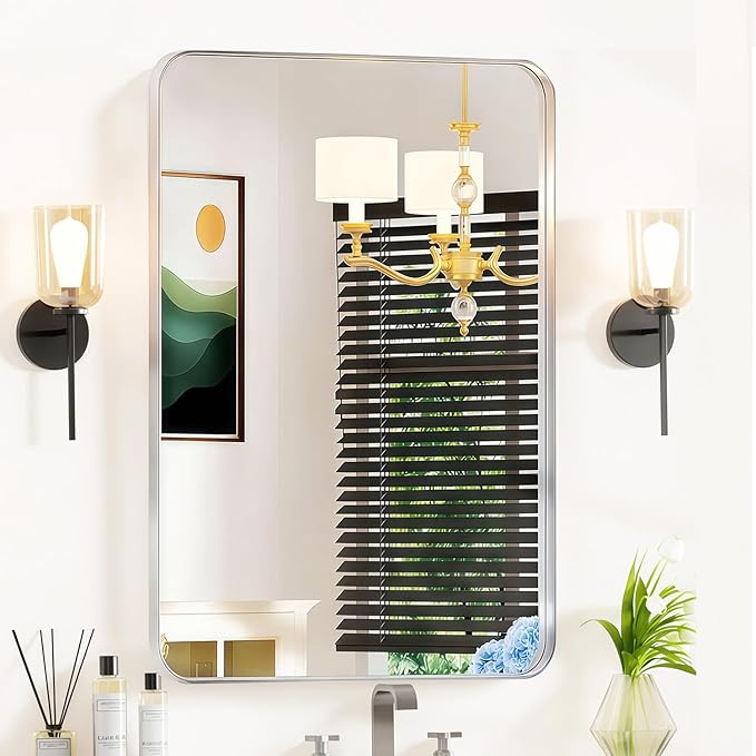 24×36 Silver Bathroom Vanity Mirror for Over Sink - Decorative Bathroom Mirrors with & Tempered Glass for Bedroom, Hallway, Living Room, Horizontal/Vertical Wall Mounted, Rounded Rectangle Frame