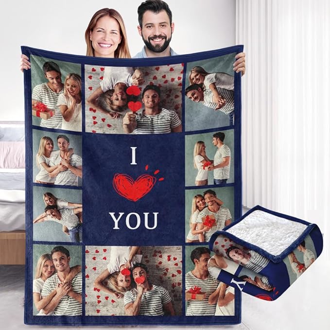 Custom Sherpa Fleece Blanket with Photos Text - Soft, Warm, Fuzzy Personalized Couples Gifts for Boyfriend, Girlfriend - Customized Picture Blanket for Birthday, Anniversary, Christmas