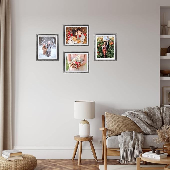 Giftgarden 8x10 Picture Frame Distressed Silver Set of 4, 9x11 Frame for 8”x10” Photo with Mat, Antique Silver Frames for Wall or Tabletop