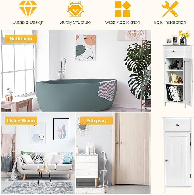 GLACER Floor Storage Cabinet, Multifunctional Bathroom Storage Cabinet with 2 Adjustable Shelves, Ideal for Bathroom, Living Room, 14 x 12 x 34.5 inches (White)
