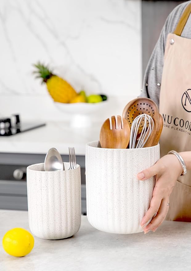 Nucookery Ceramic Utensil Holder Set for Kitchen Countertop, 7.2"+6.1" Large Cooking Utensil Crocks for Counter, Farmhouse Kitchen Decor, Set of 2 (Sand)