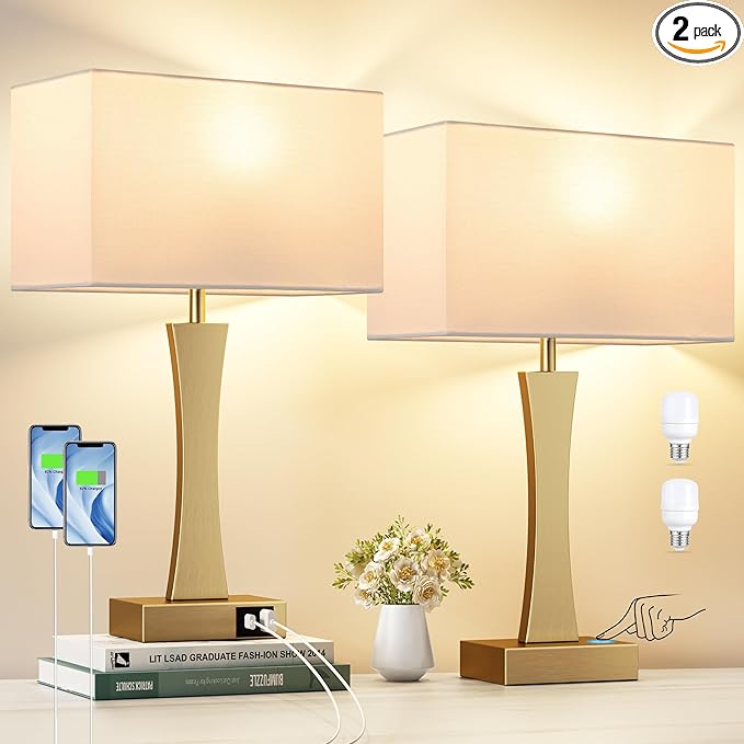 Bedside Lamps for Night Stands - 3 Way Dimmable Table Lamp for Bedroom with USB C+A Ports,Modern Bedside Lamps Set of 2, Touch Lamps for Nightstands(Gold)