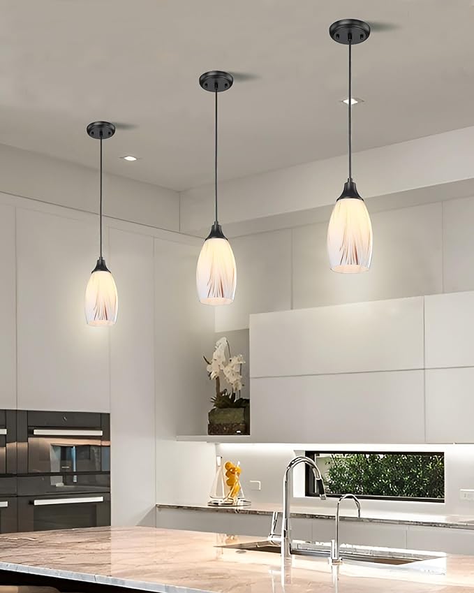 Mini Glass Pendant Light Kitchen Island Oval Ceiling Hanging lamp Shade with Black Matte finish1pack Milk Blown Glas Pendant Lighting Adjustable Cord for Hallway Dining Room Bathroom