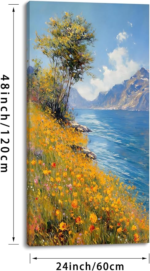 Vertical Landscape of Wild Flowers and Green Trees on The Lakeside Wall Art Decor Artwork for Bedroom (24x48 Inches)