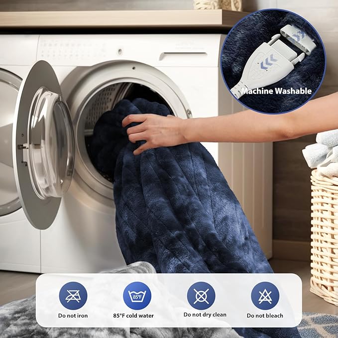 MAXEVE Electric Heated Throw Faux Rabbit Fur Blanket with 8 Heating Levels & 8H Auto Off, Fast Heating Warm Cozy Sherpa Washable Blanket with Over-Heat Protection, ETL Certification, Blue