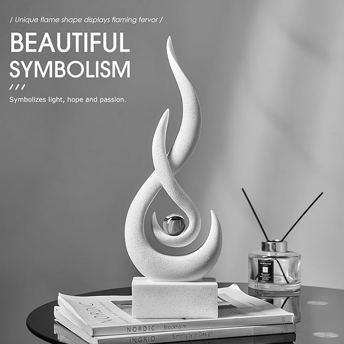 White Decor Modern Flame Statue Home Decorations for Living Room, 13.7" H Shelf Decor Accents, Abstract Art Resin Sandstone Sculpture for Dining Room Office Coffee Table Centerpiece (Sandstone White)