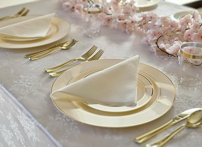 OCCASIONS 120 Plates Pack, Heavyweight Disposable Wedding Party Plastic Plates (7.5'' Appetizer/Dessert Plate, Ivory & Gold Rim)