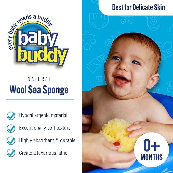 Baby Buddy Natural Wool Sea Sponge, Newborn Bath Time Essential, Ultra Soft for Delicate Skin, Hypoallergenic and Biodegradable, 2 Pack
