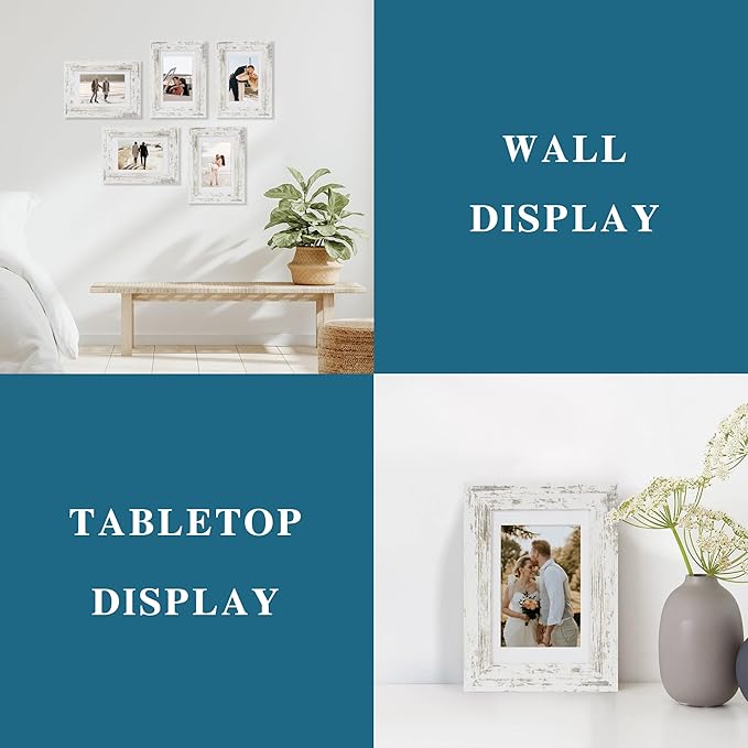 5x7 Picture Frame Set of 2, Made of Real Glass and Distressed White Wooden Frame - Display Pictures 4x6 with Mat or 5x7 Without Mat, 5 by 7 Photo Frame for Wall or Tabletop Display