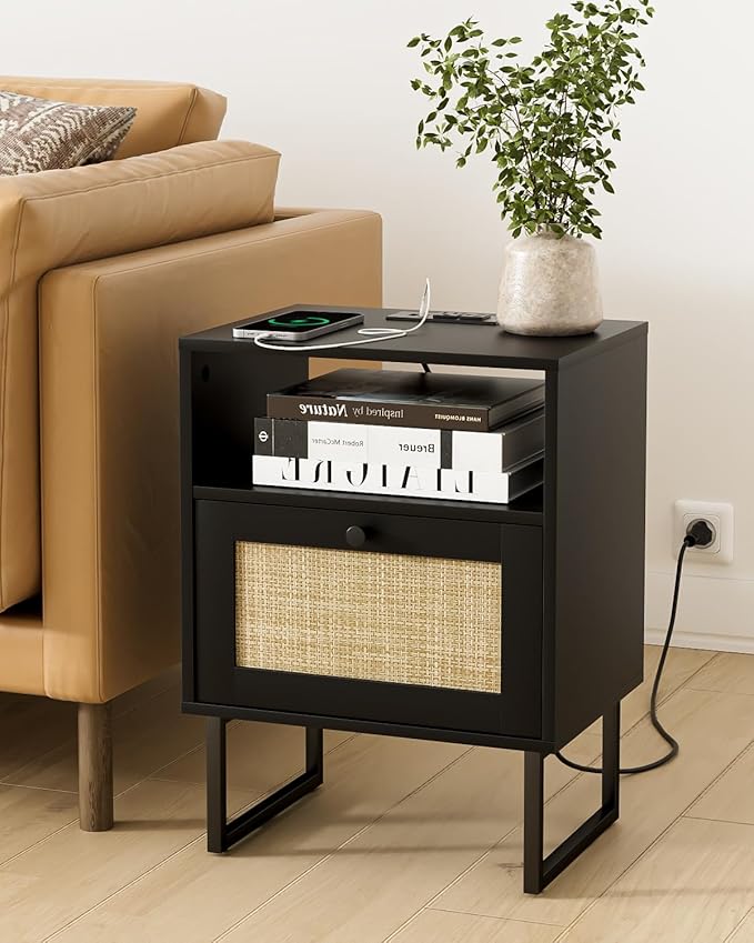 Rattan Nightstand with Charging Station, Mid Century Modern Night Stand,Boho Farmhouse Wood Bedside Table with Storage and Open Shelf, End Side Accent Table for Bedroom,Living Room,Black