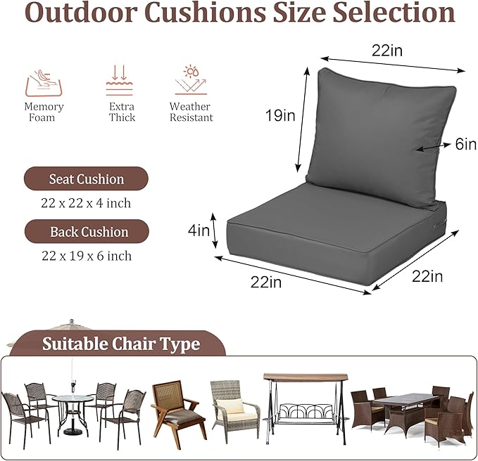 Waterproof Outdoor Chair Cushion Set of 4, 22x22x4 IN Deep Seat Patio Cushions with Fade Resistant Removable Cover,Outdoor Cushions for Patio Furniture with Ties&Handle for Chair Sofa Couch,Dark Gray
