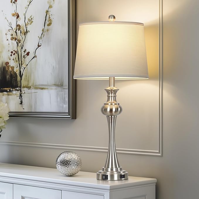 28.75" Silver Table Lamps for Living Room,Touch Lamps for Bedrooms Bedside Lamp 3-Way Dimmable Touch Control, Modern Silver Nightstand Lamp Fabric Shade Mid Century Accent Style（Bulb Inclued）