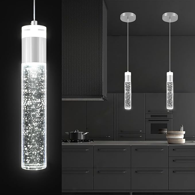 Modern LED Chrome Crystal Pendant Light Kitchen Island, Bedroom Bedside Hanging Ceiling Lamp with Crystal Bubble Column, Dimmable 3000k-6000k 1-Light Independent