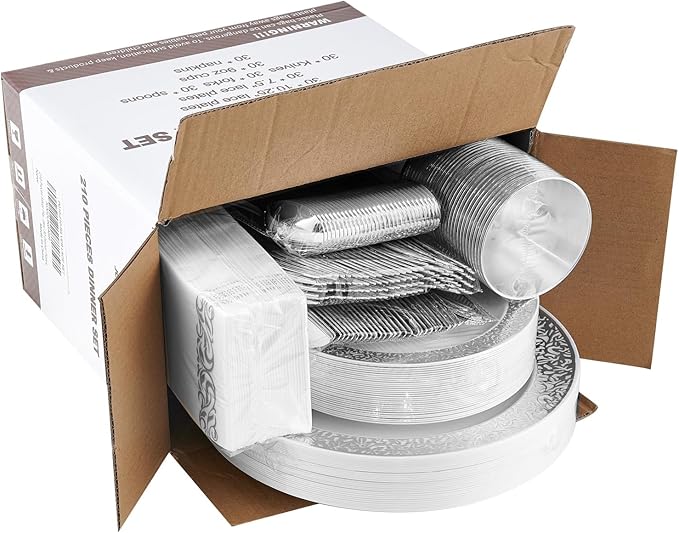 𝟐𝟏𝟎 Count Silver Plastic Dinnerware, Silver Disposable Plates, Includes 30 Dinner & 30 Dessert Plates & 30 Cups & 30 Paper Napkins & 30 Plastic Silverware Set