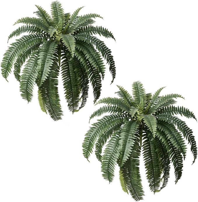 Artificial Boston Ferns 48" UV Resistant Faux Ferns with 33 Fronds for Outdoors - Large Fake Plants for Home, Garden, Front Porch and Hanging Decor - Lifelike Greenery for Indoor Spaces,2pcs VN141
