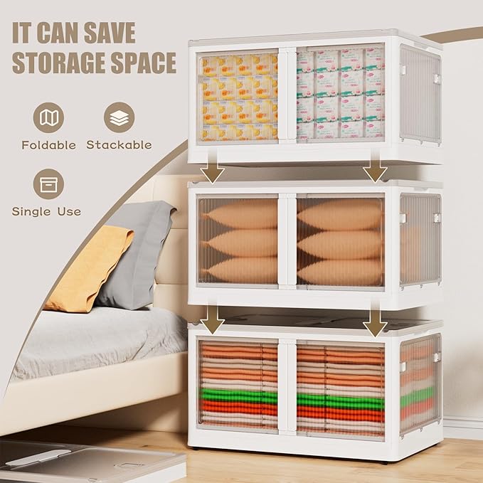 128 GAL Large Plastic Stackable Storage Bins with Wheels and Lids - Collapsible Closet Organizer for Bedroom, Kitchen, Office