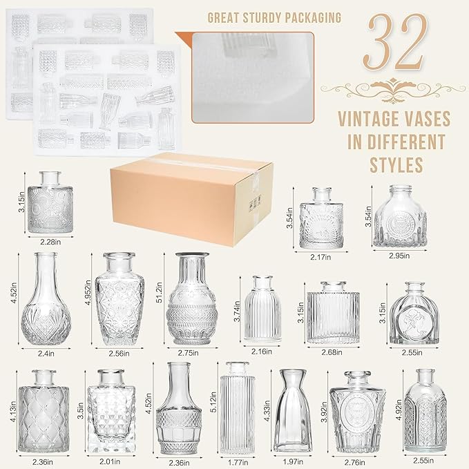 Mini Bud Vases Set of 32 As Wedding Centerpieces for Tables,Clear Bud Vases for Flowers,Small Flower Vases Suitable for Birthday Party,Anniversary,Wedding Reception,Baby Shower (Clear, 32PCS)